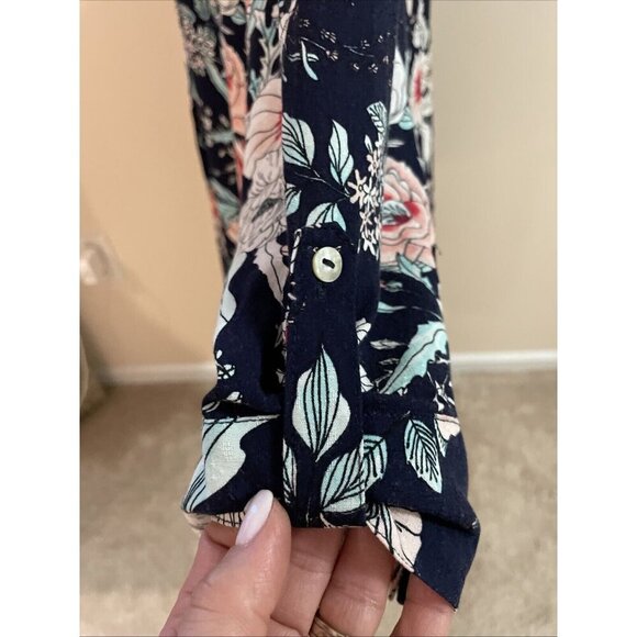 Emily Daniels Floral Blouse Tunic Petite XL Navy Pleated Button Front Colorful - Picture 4 of 14